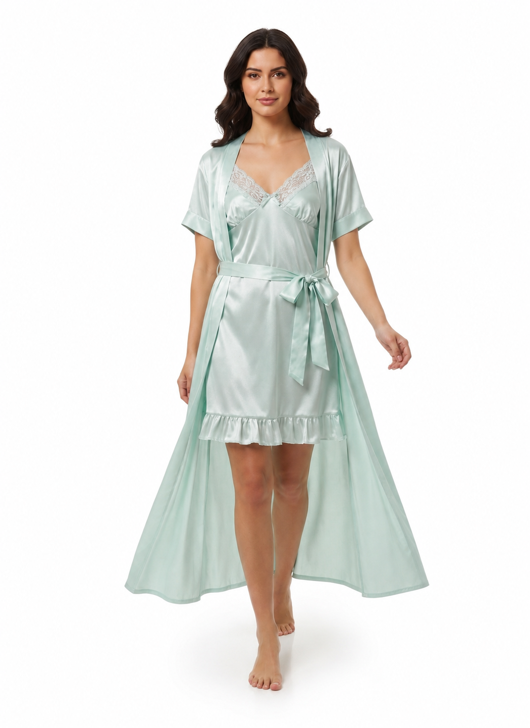 Satin Short Bridal Night Wear - Pastel Blue - 1700A
