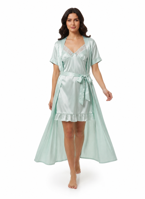 Satin Short Bridal Night Wear - Pastel Blue - 1700A