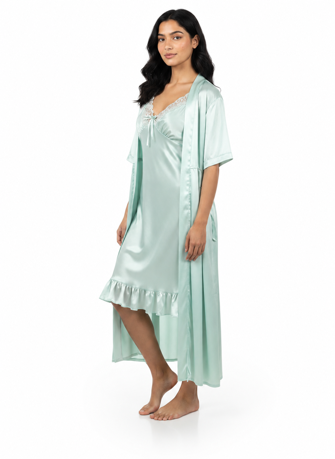 Satin Short Bridal Night Wear - Pastel Blue - 1700A
