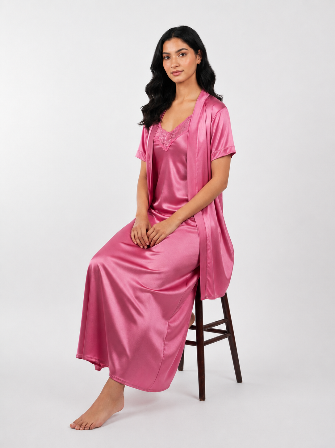 Satin Long Bridal Night Wear - Rose - 1500A