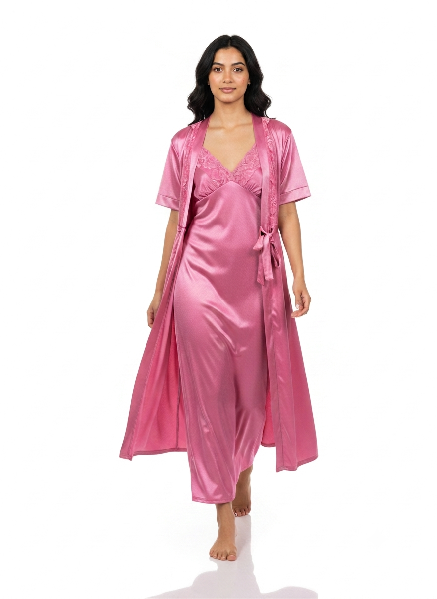 Satin Long Bridal Night Wear - Rose - 1500A