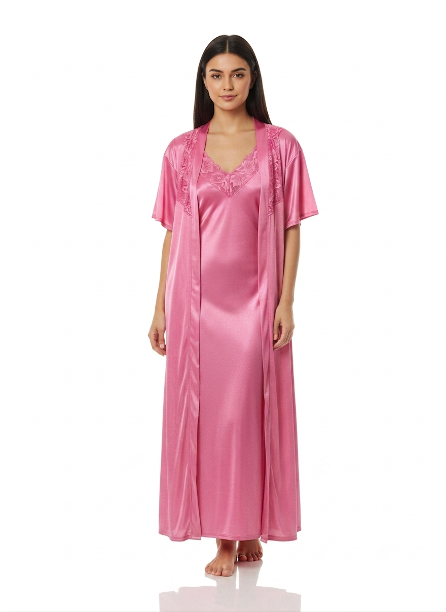 Satin Long Bridal Night Wear - Rose - 1500A