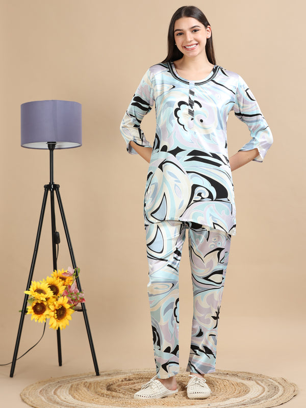 5023B-Satin Printed Co -Ords - Blue