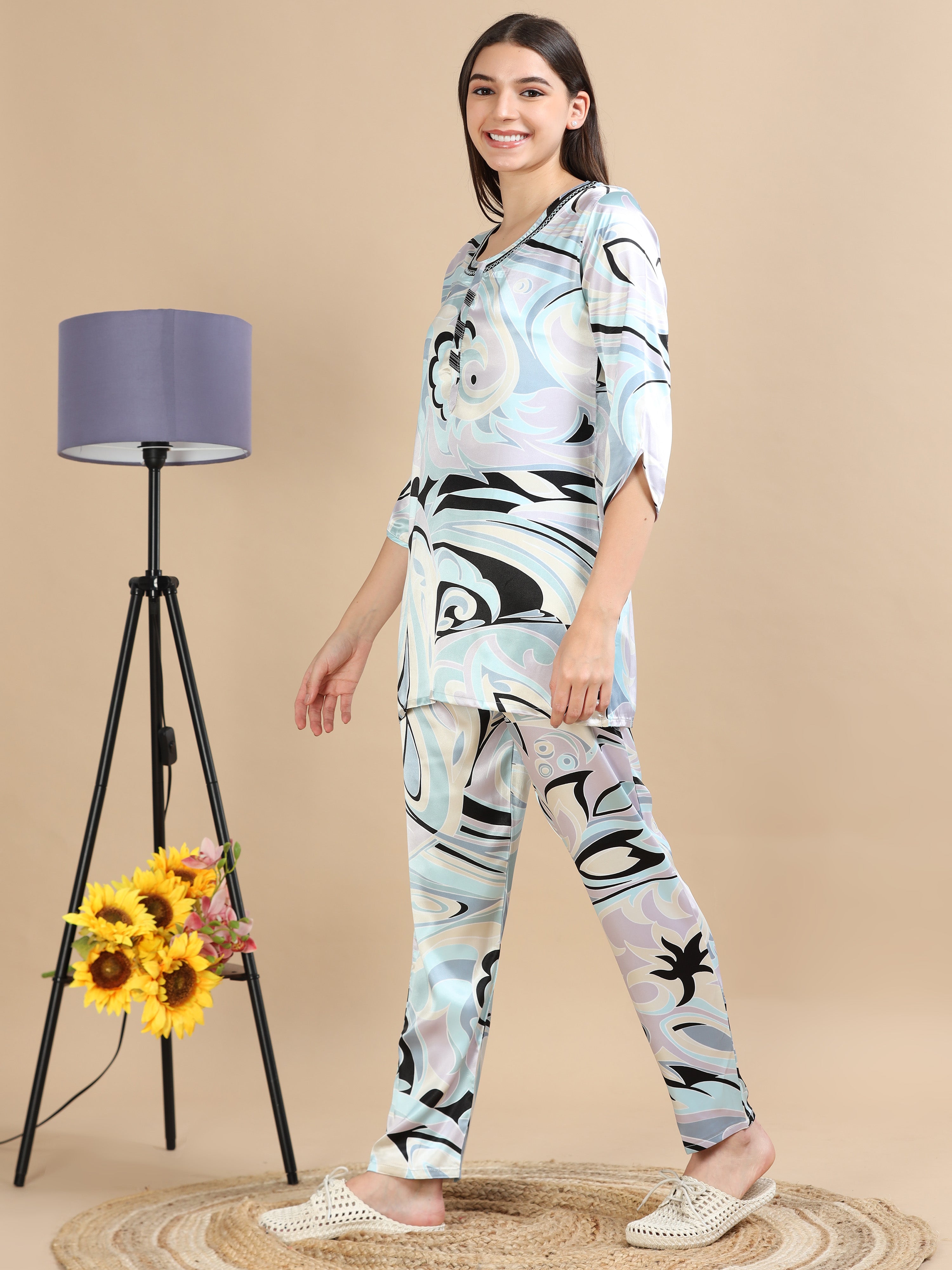 Satin Blue Printed Co Ord Set for Women