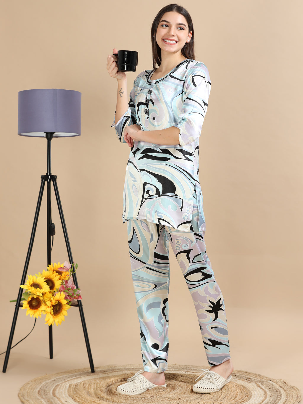 Satin Blue Printed Co Ord Set for Women