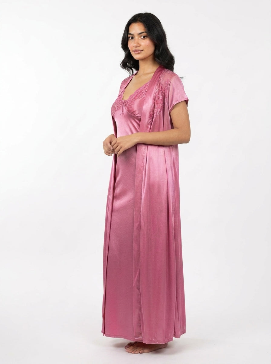 Satin Long Bridal Night Wear - Rose - 1500A