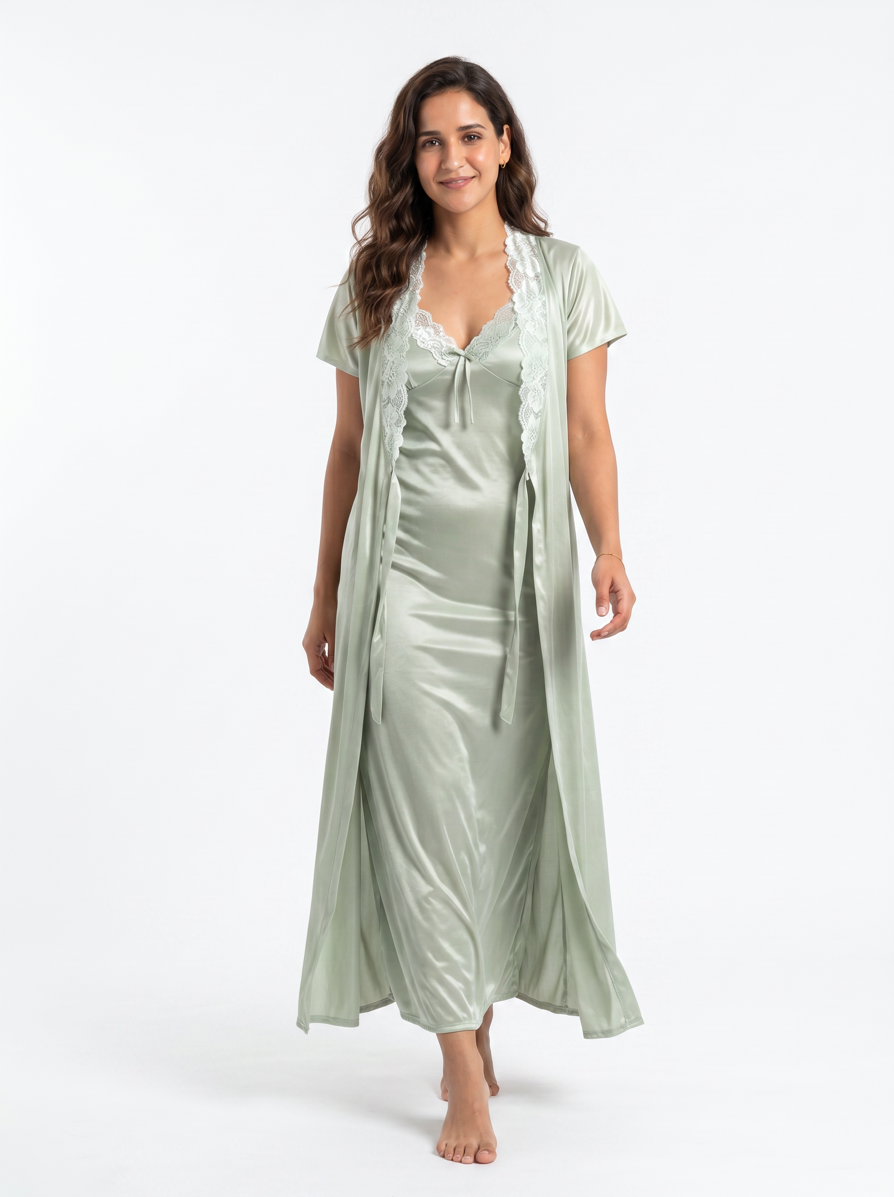 Satin Long Bridal Night Wear - Green - 1500G