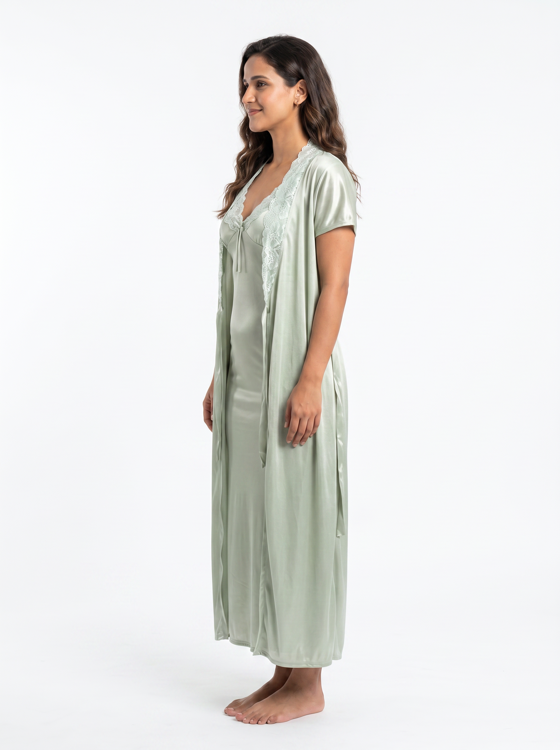 Satin Long Bridal Night Wear - Green - 1500G