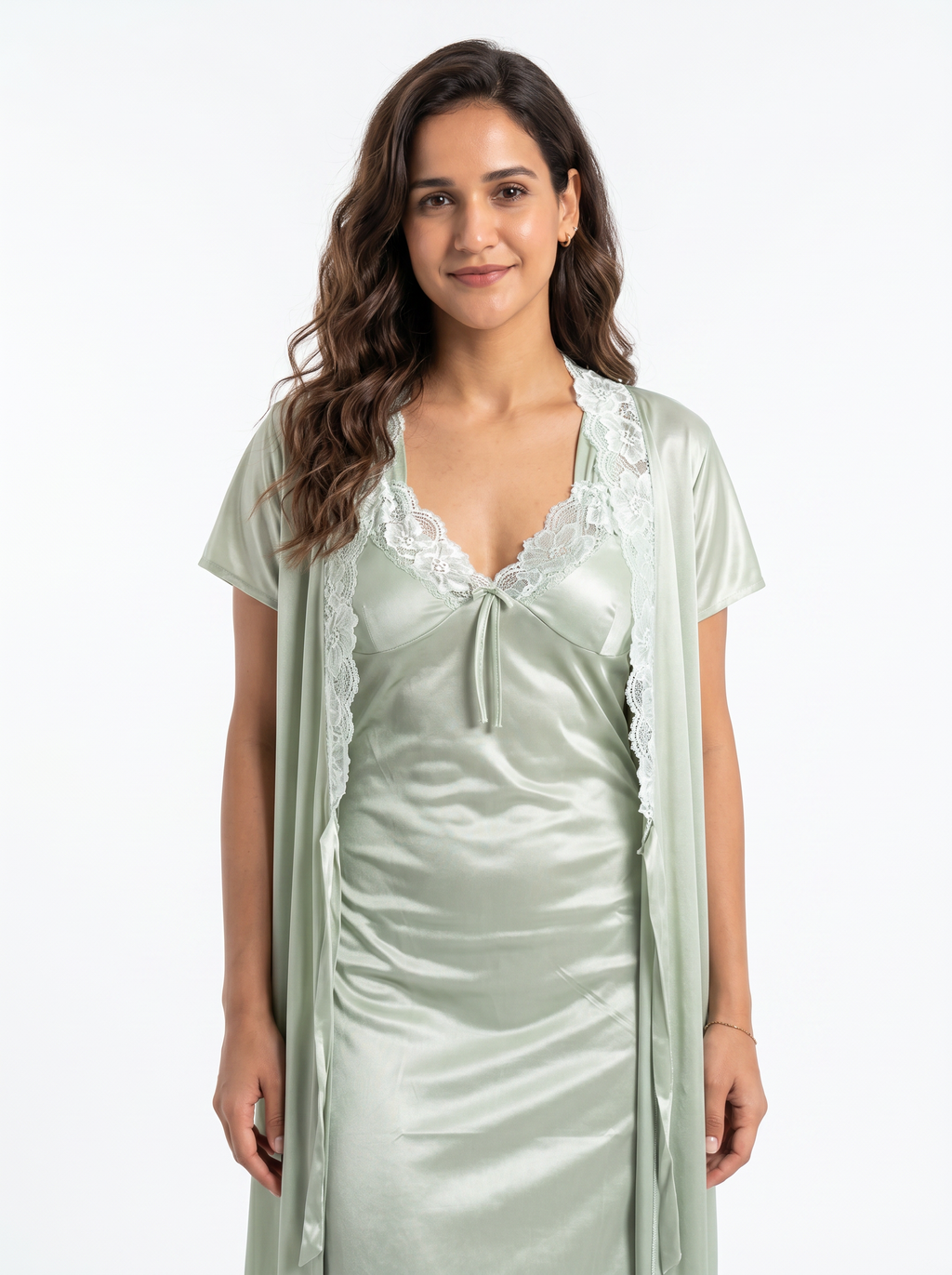 Satin Long Bridal Night Wear - Green - 1500G