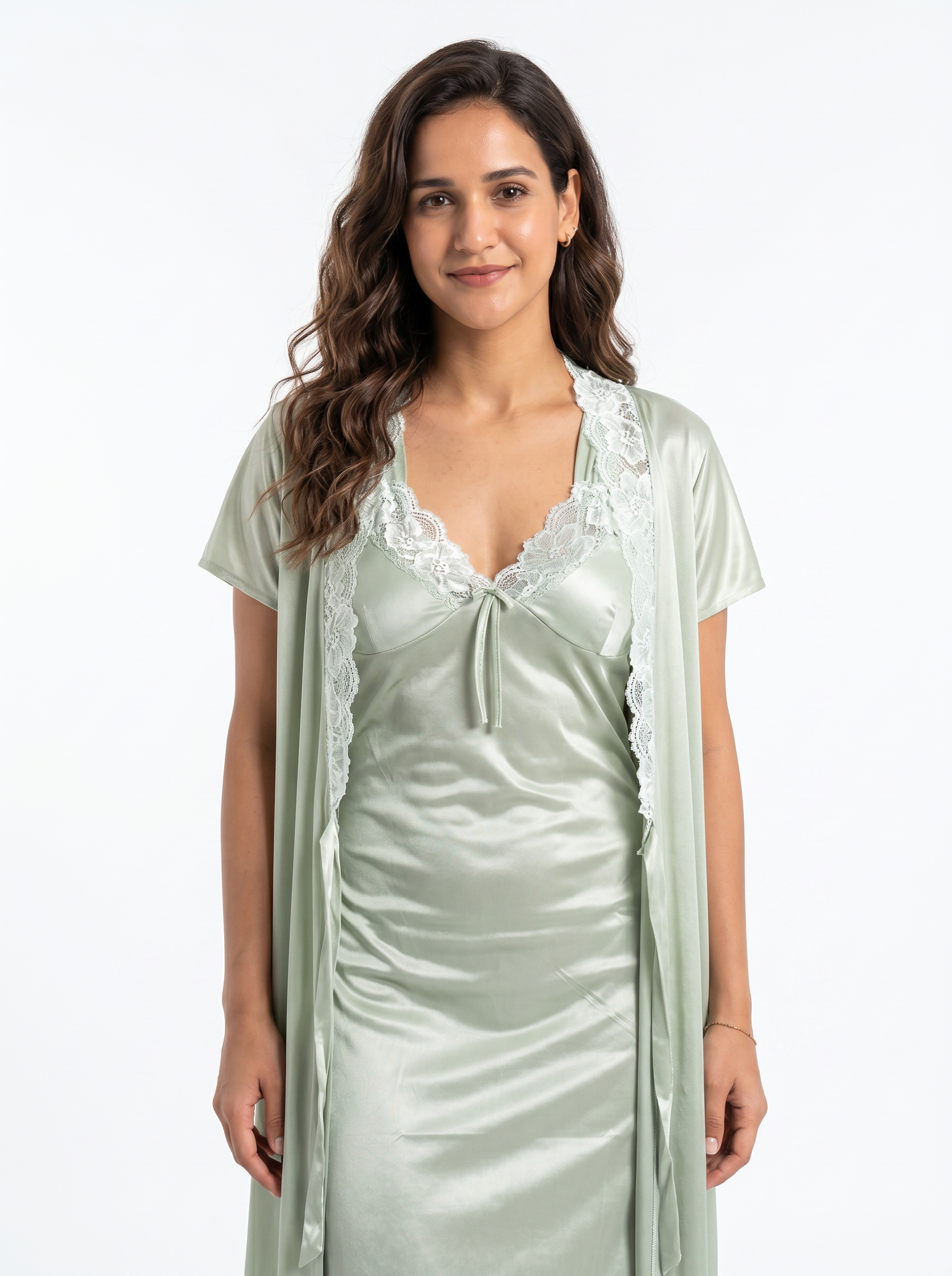 Satin Long Bridal Night Wear - Green - 1500G