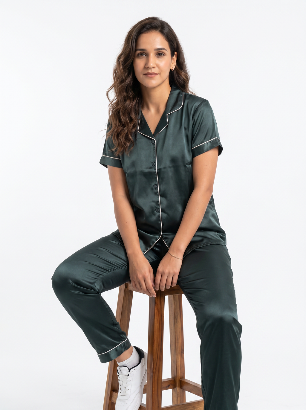 Satin Top with Pyjama Night Suit - Bottle Green - 13368