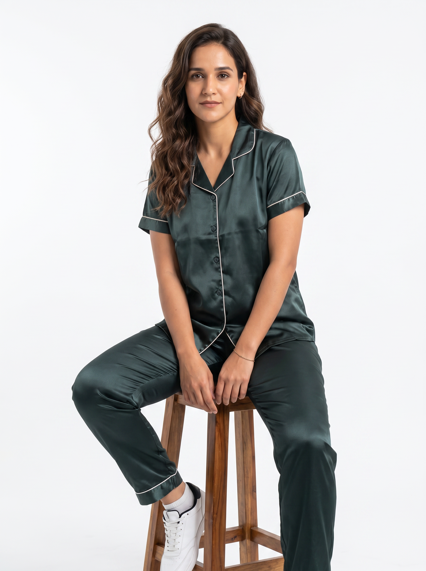 Satin Top with Pyjama Night Suit - Bottle Green - 13368