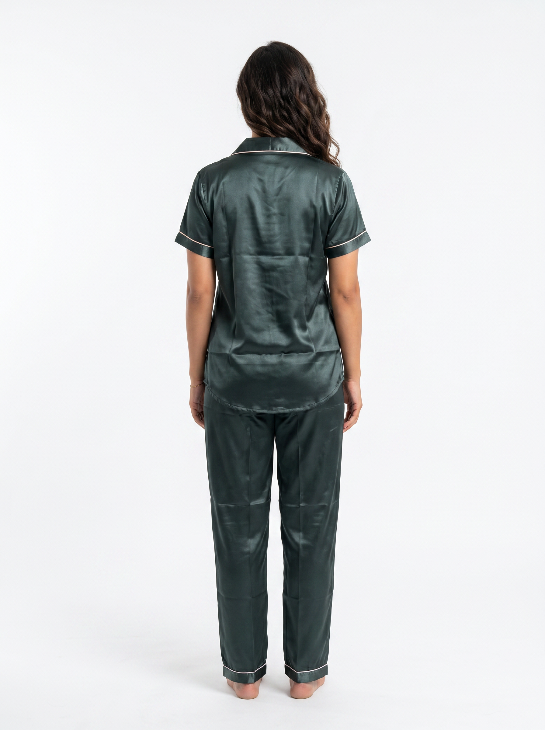 Satin Top with Pyjama Night Suit - Bottle Green - 13368