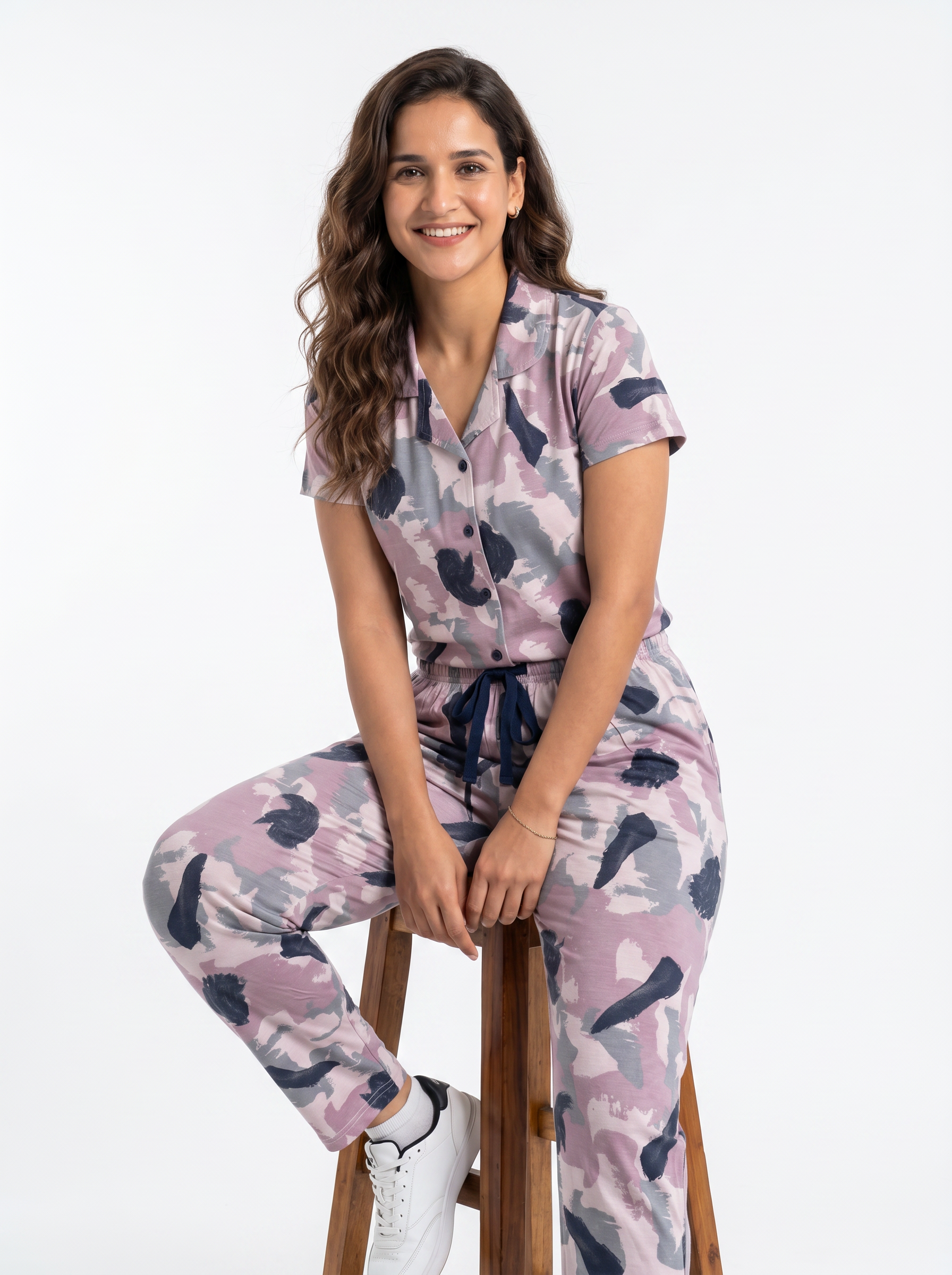 Cotton Printed Top with Pyjama Night Suit - Mauve - SS3139A