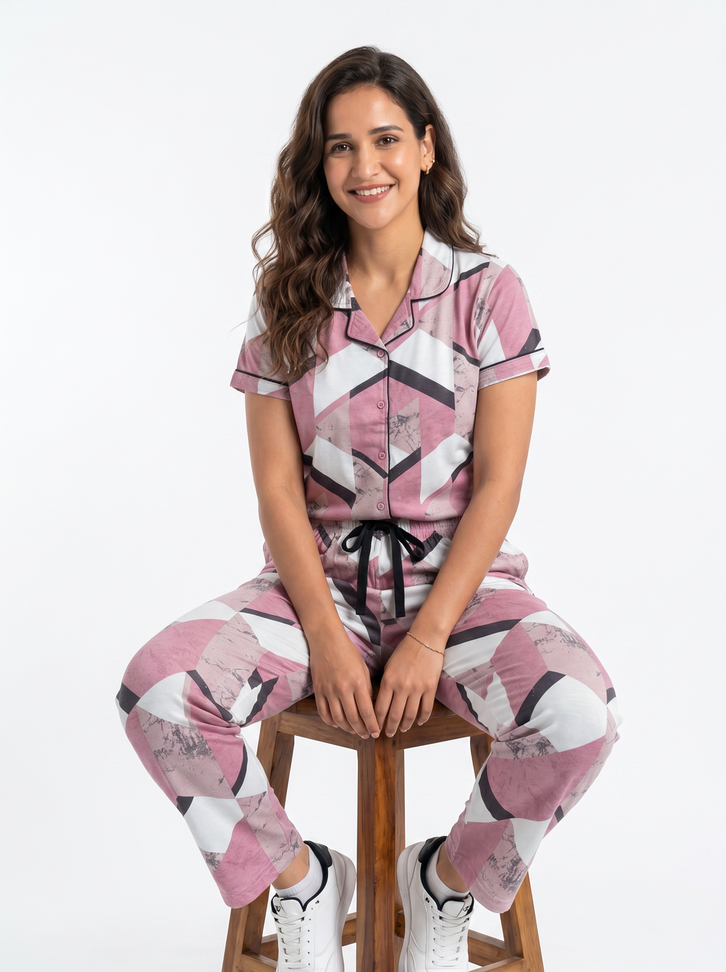 Cotton Printed Top with Pyjama Night Suit - Pink - SS3156A