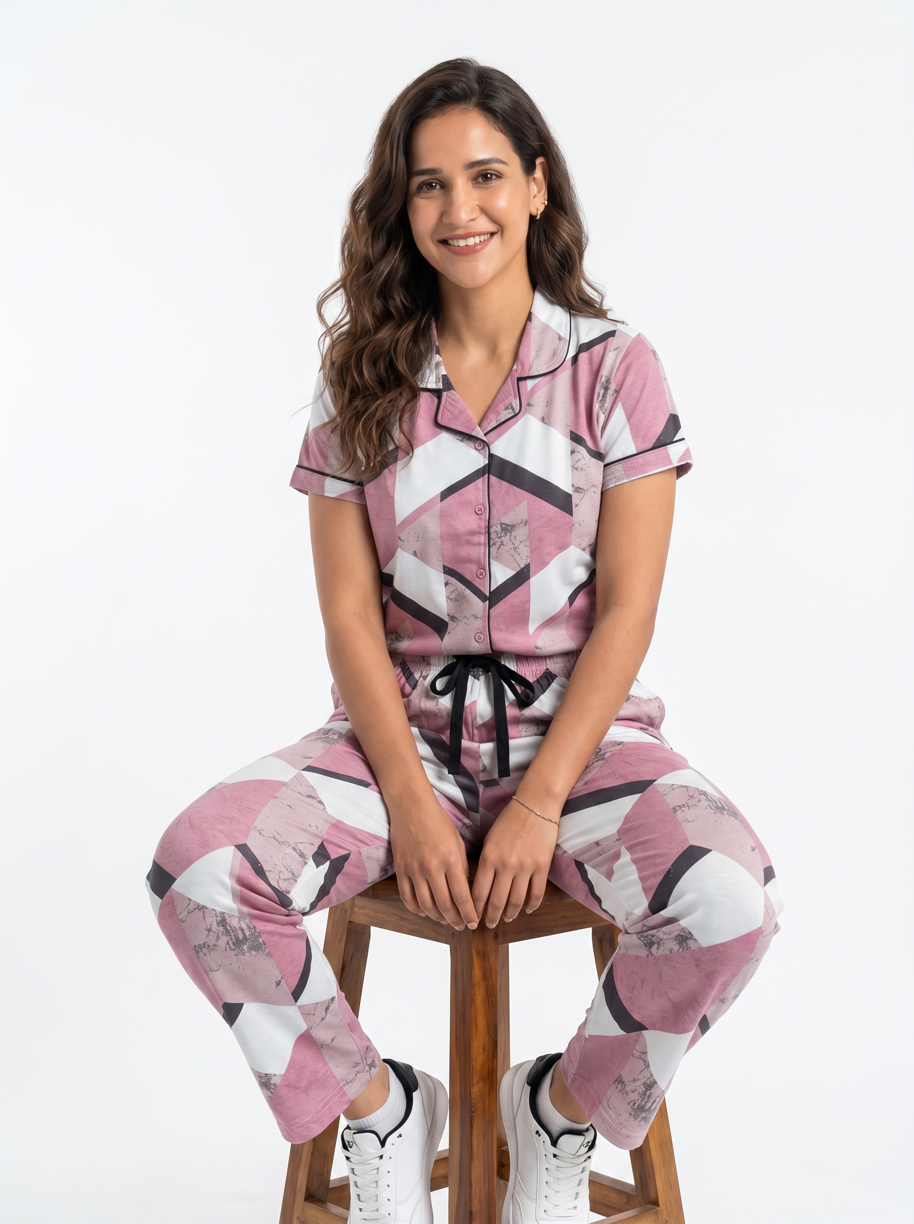 Cotton Printed Top with Pyjama Night Suit - Pink - SS3156A