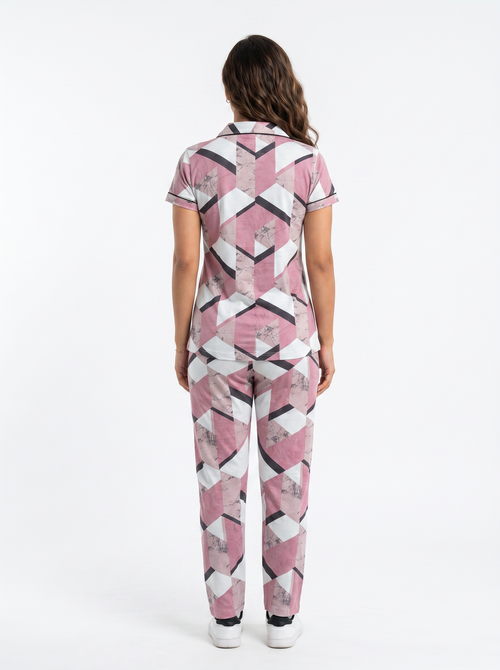Cotton Printed Top with Pyjama Night Suit - Pink - SS3156A