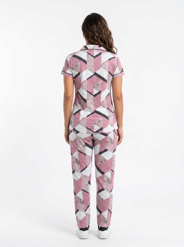 Cotton Printed Top with Pyjama Night Suit - Pink - SS3156A