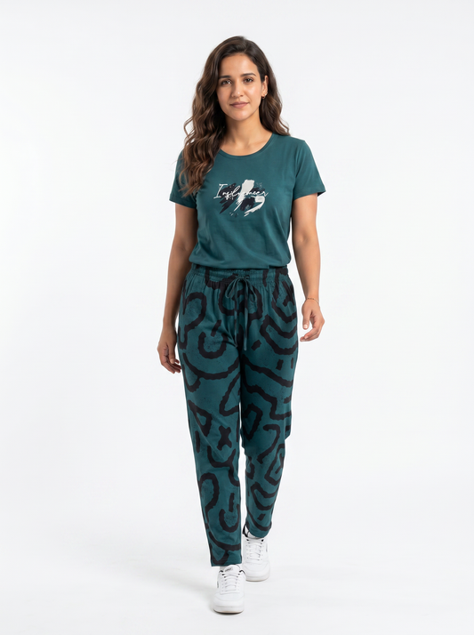 Cotton Top with Pyjama Night Suit - Dark Green - SS2878