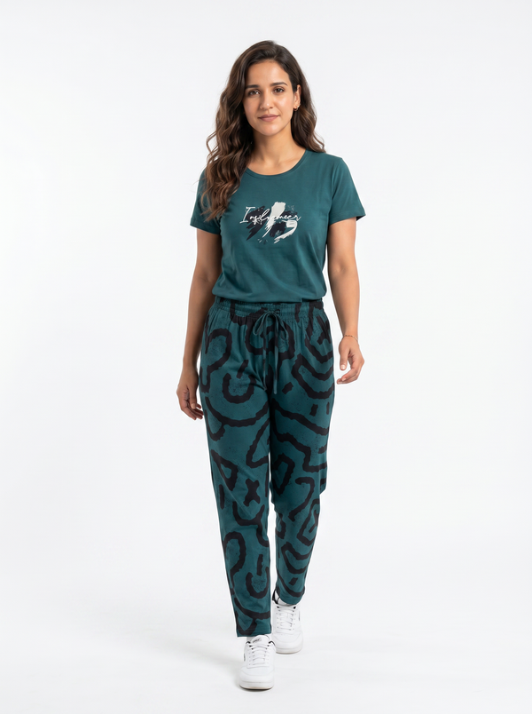 Cotton Top with Pyjama Night Suit - Dark Green - SS2878
