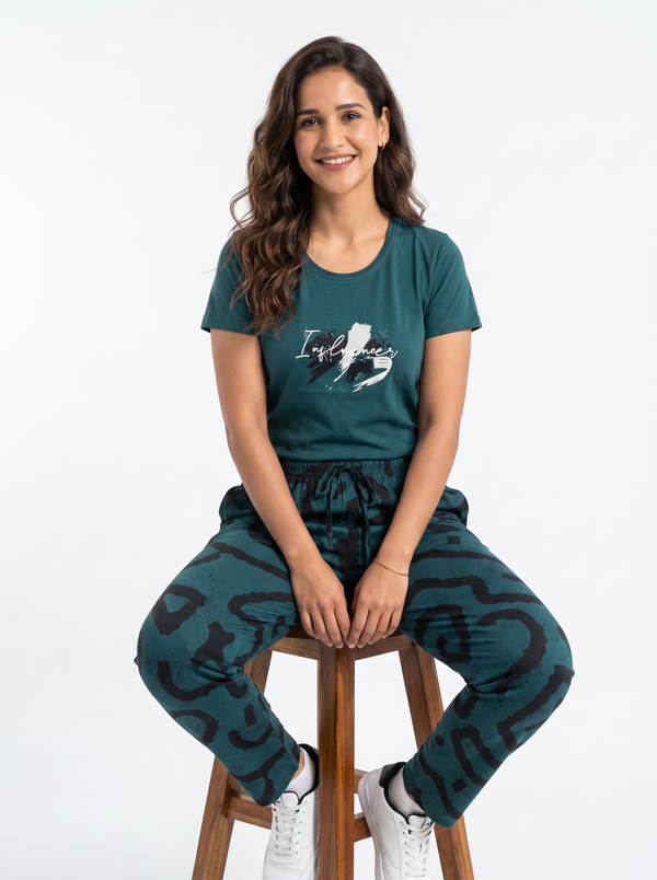 Cotton Top with Pyjama Night Suit - Dark Green - SS2878