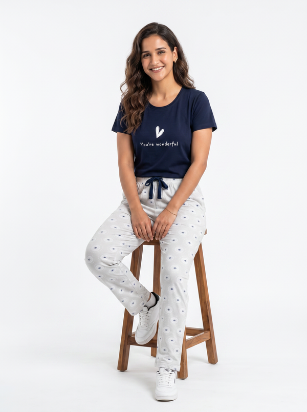 Cotton Top with Pyjama Night Suit - Black - SS2877