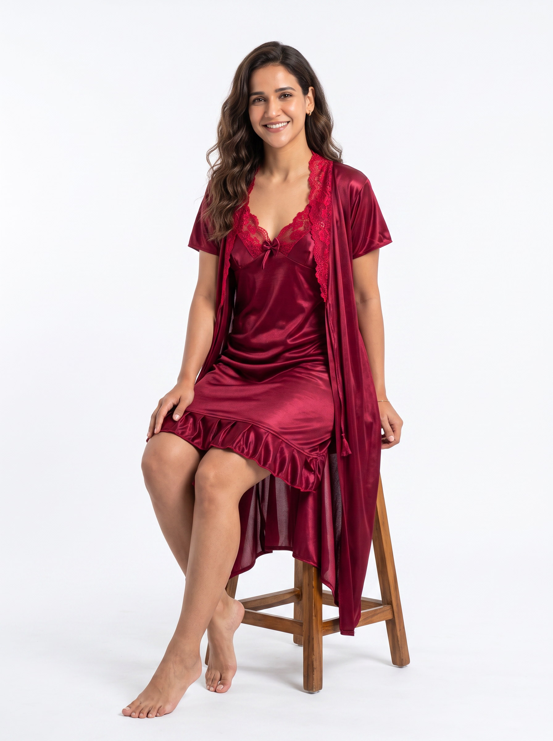 Satin Short Bridal Night Wear - Wine - 1700D