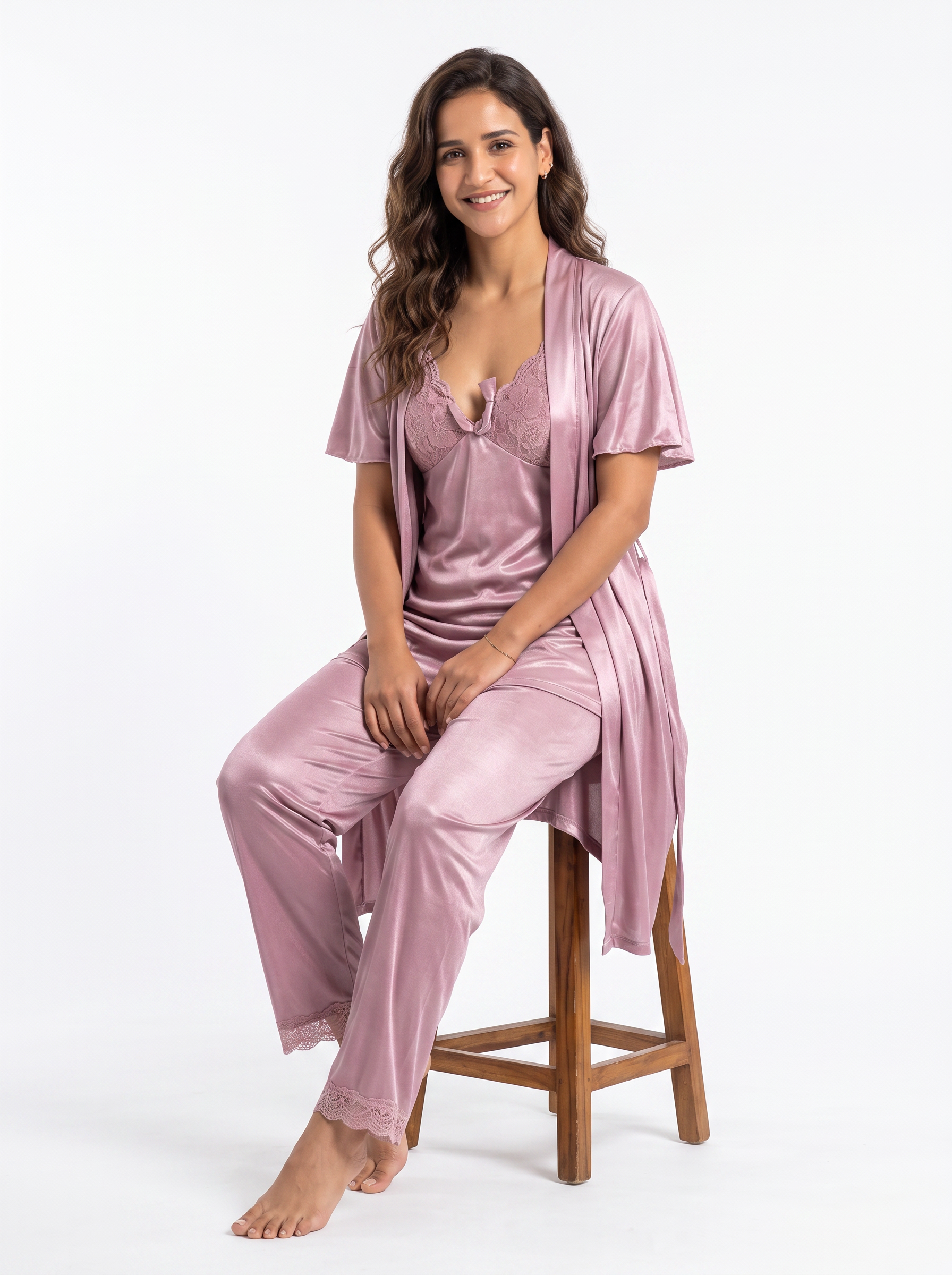Satin 3-Piece Bridal Night Wear - Mauve - 1200J