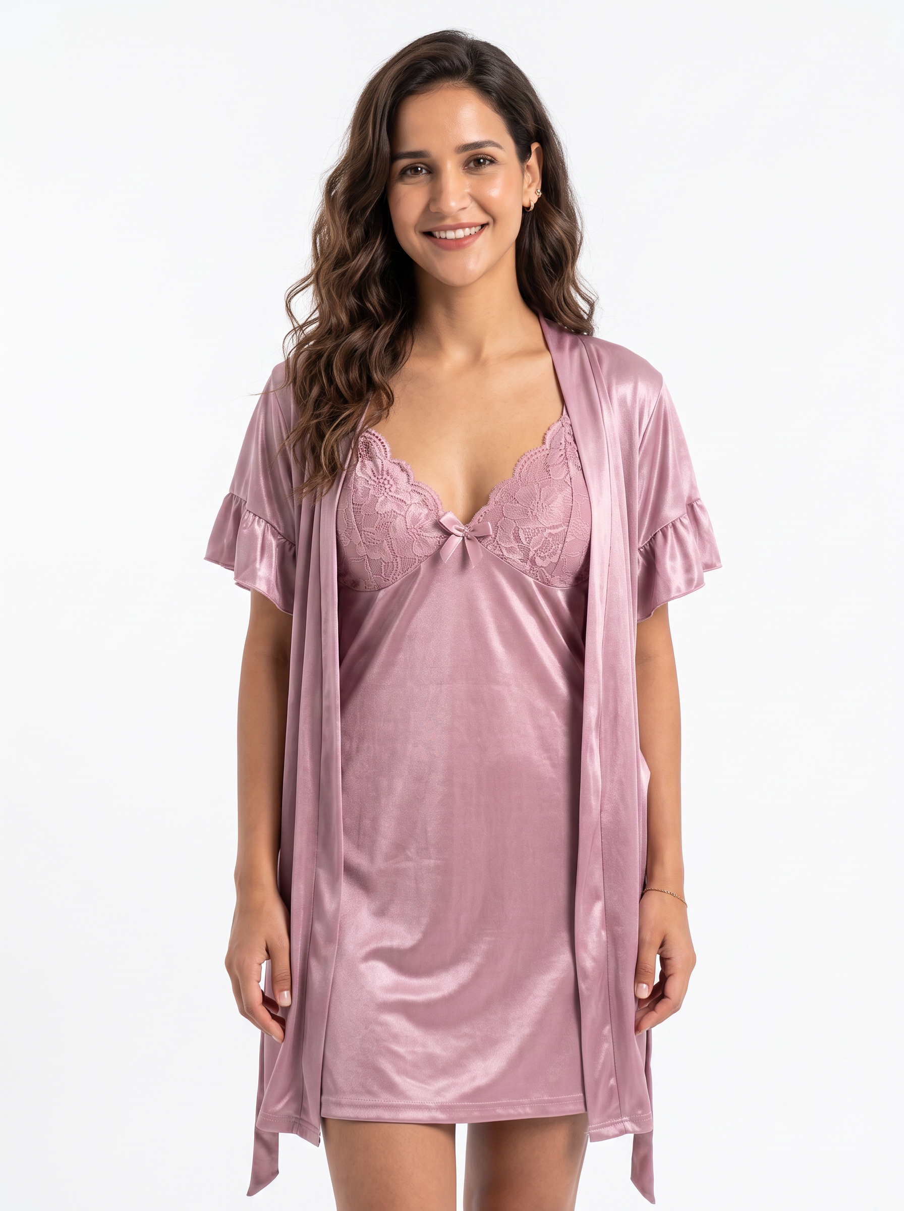 Satin 3-Piece Bridal Night Wear - Mauve - 1200J