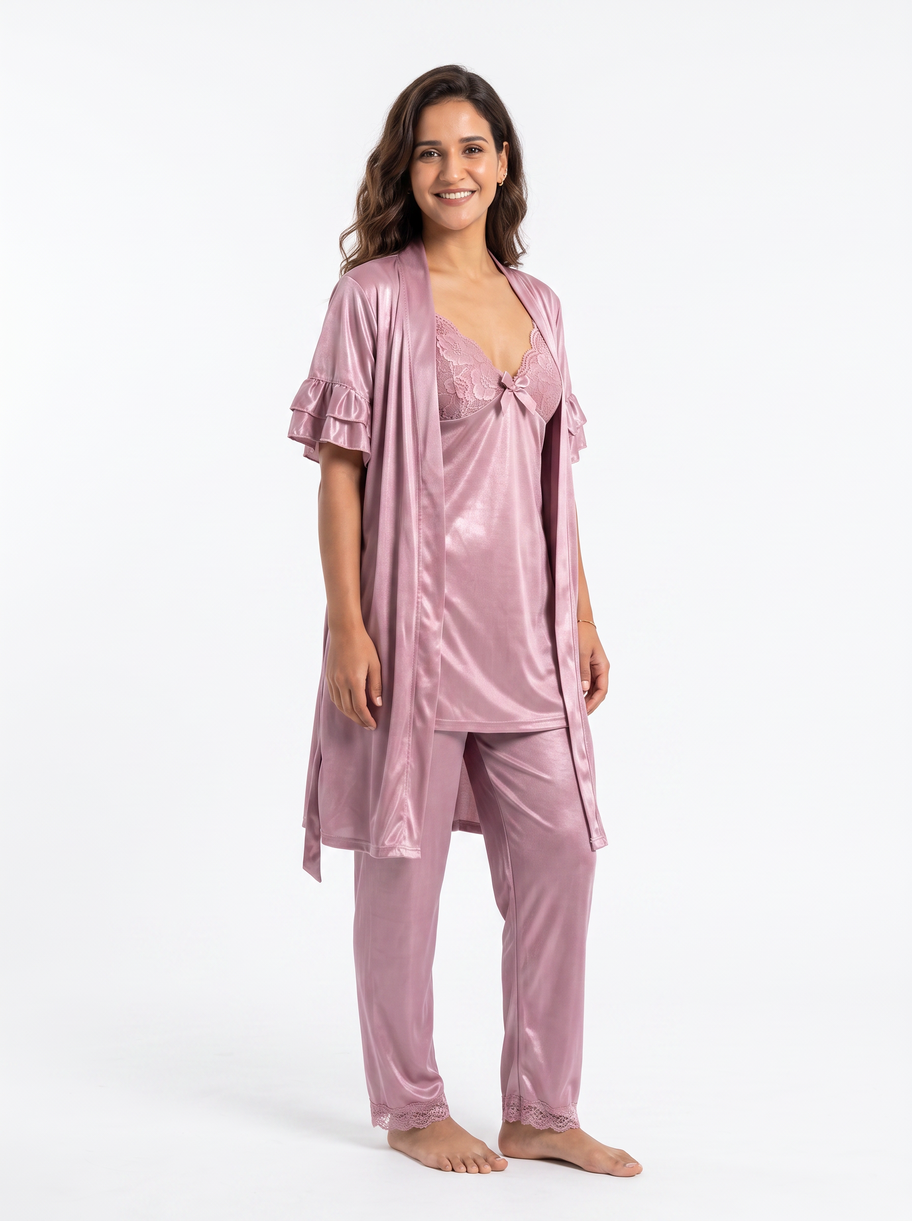 Satin 3-Piece Bridal Night Wear - Mauve - 1200J