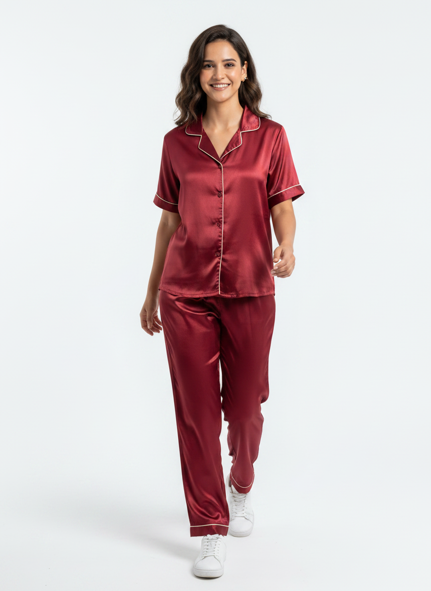 Satin Top with Pyjama Night Suit - Maroon - 13368