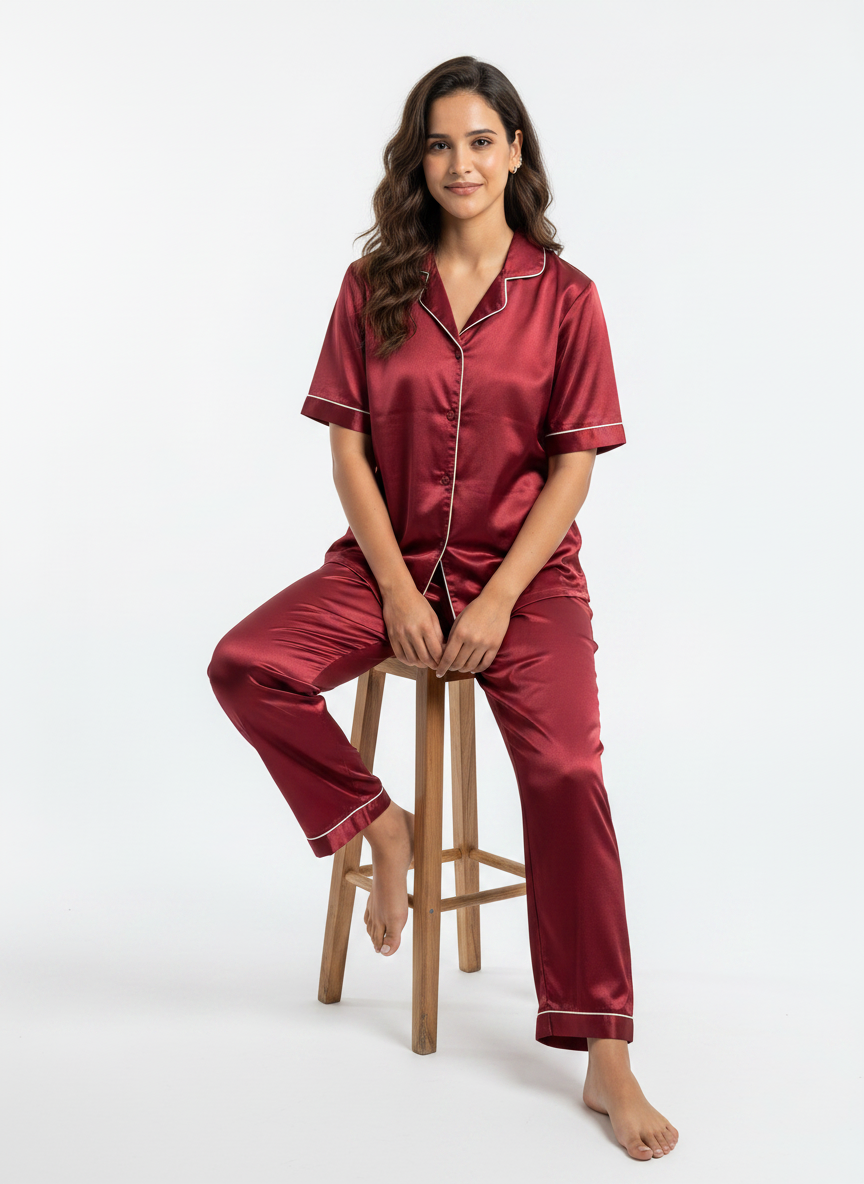 Satin Top with Pyjama Night Suit - Maroon - 13368