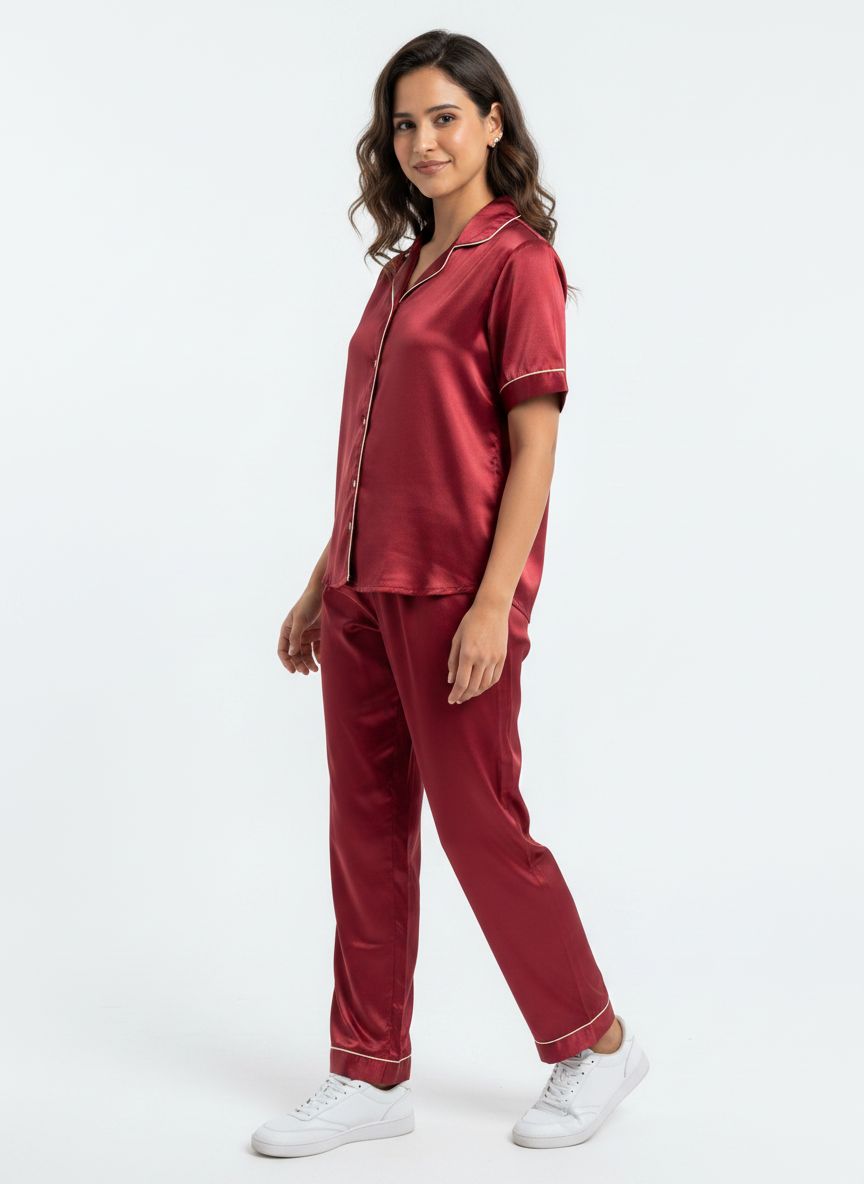 Satin Top with Pyjama Night Suit - Maroon - 13368