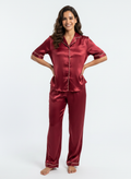 Satin Top with Pyjama Night Suit - Maroon - 13368