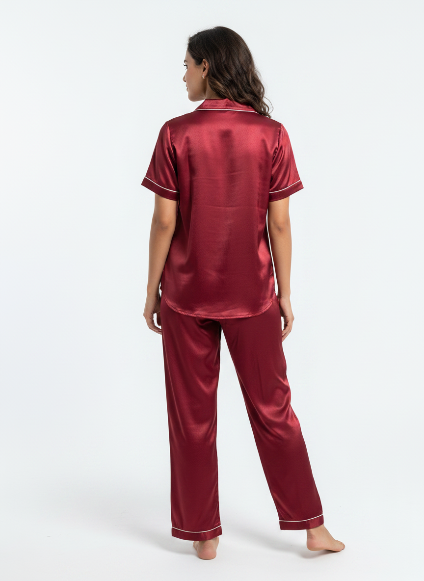 Satin Top with Pyjama Night Suit - Maroon - 13368