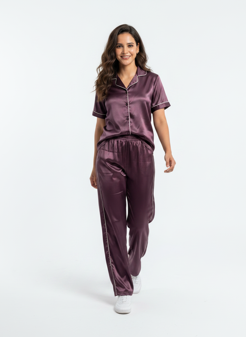 Satin Top with Pyjama Night Suit - Coca - 13368