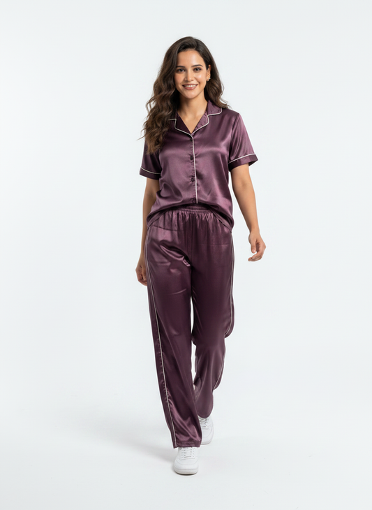 Satin Top with Pyjama Night Suit - Coca - 13368