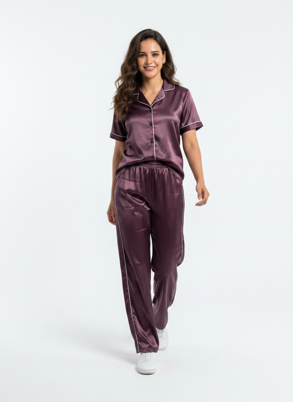 Satin Top with Pyjama Night Suit - Coca - 13368