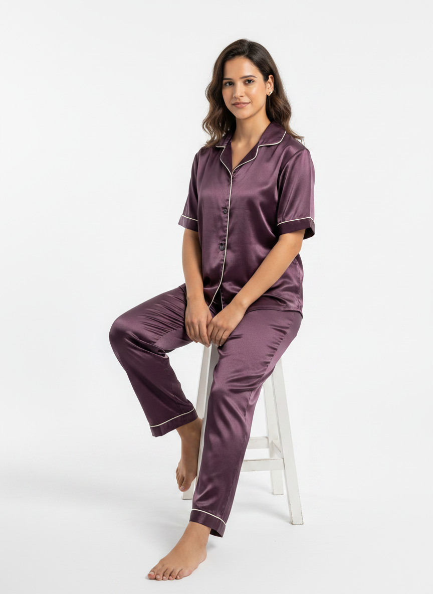 Satin Top with Pyjama Night Suit - Coca - 13368
