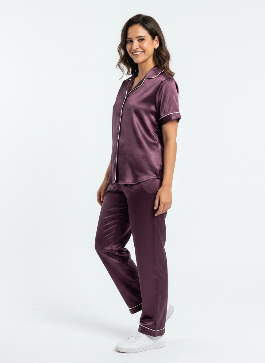 Satin Top with Pyjama Night Suit - Coca - 13368