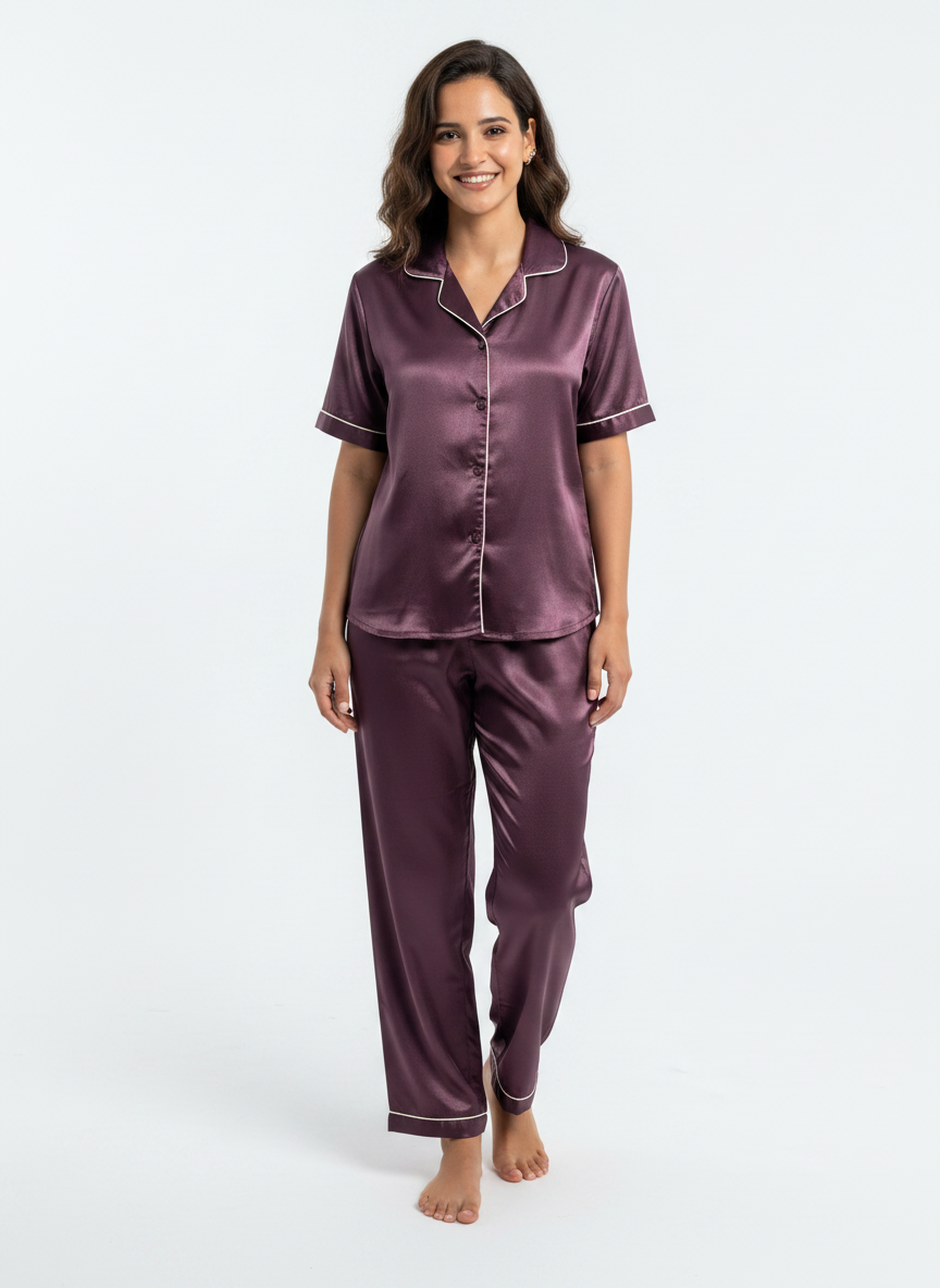 Satin Top with Pyjama Night Suit - Coca - 13368
