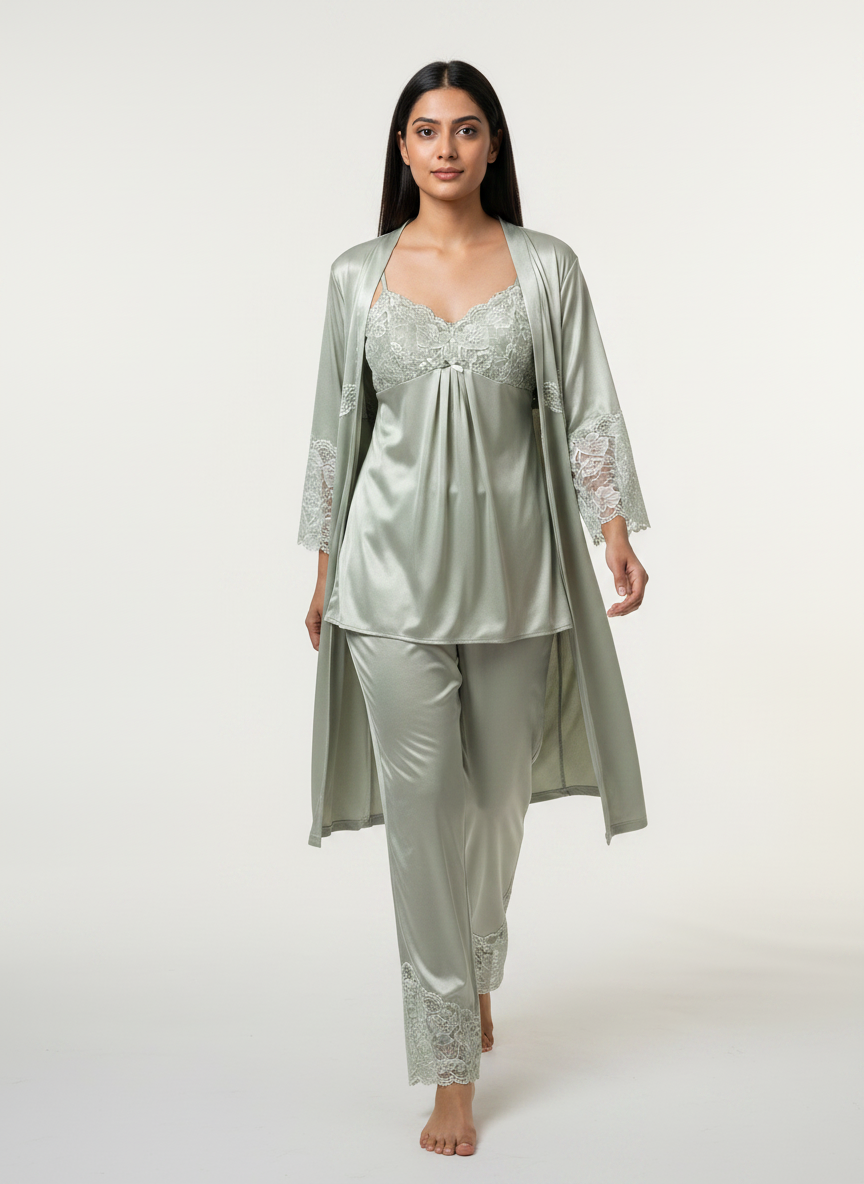 Satin 3-Piece Bridal Night Wear - Green - 1600G