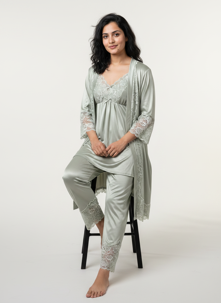 Satin 3-Piece Bridal Night Wear - Green - 1600G