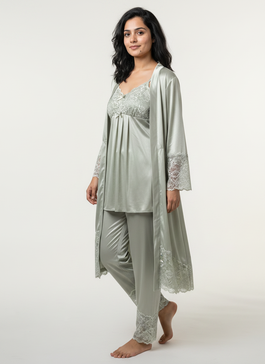Satin 3-Piece Bridal Night Wear - Green - 1600G