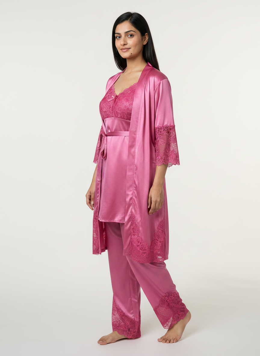 Satin 3-Piece Bridal Night Wear - Rose - 1600A