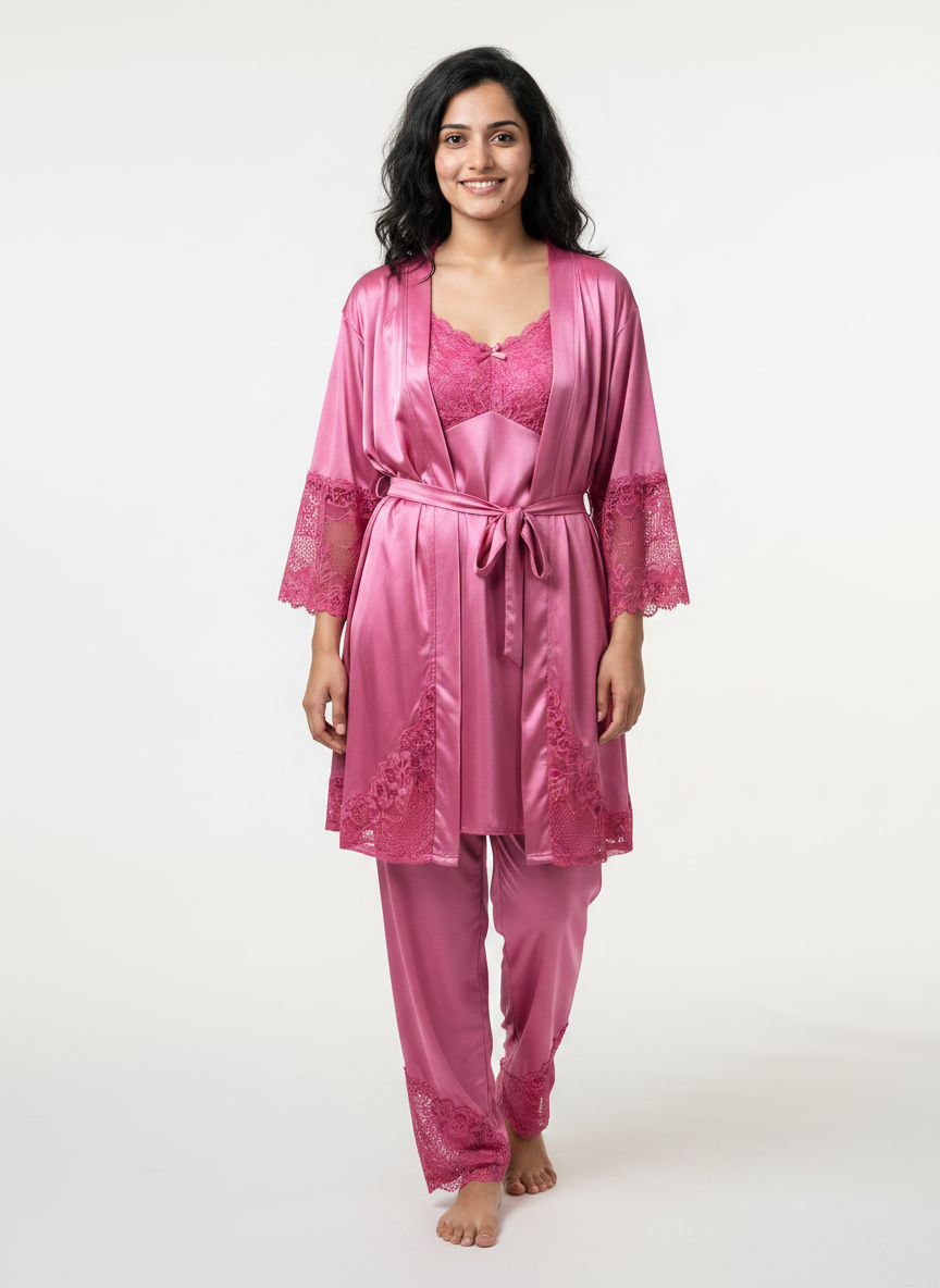Satin 3-Piece Bridal Night Wear - Rose - 1600A