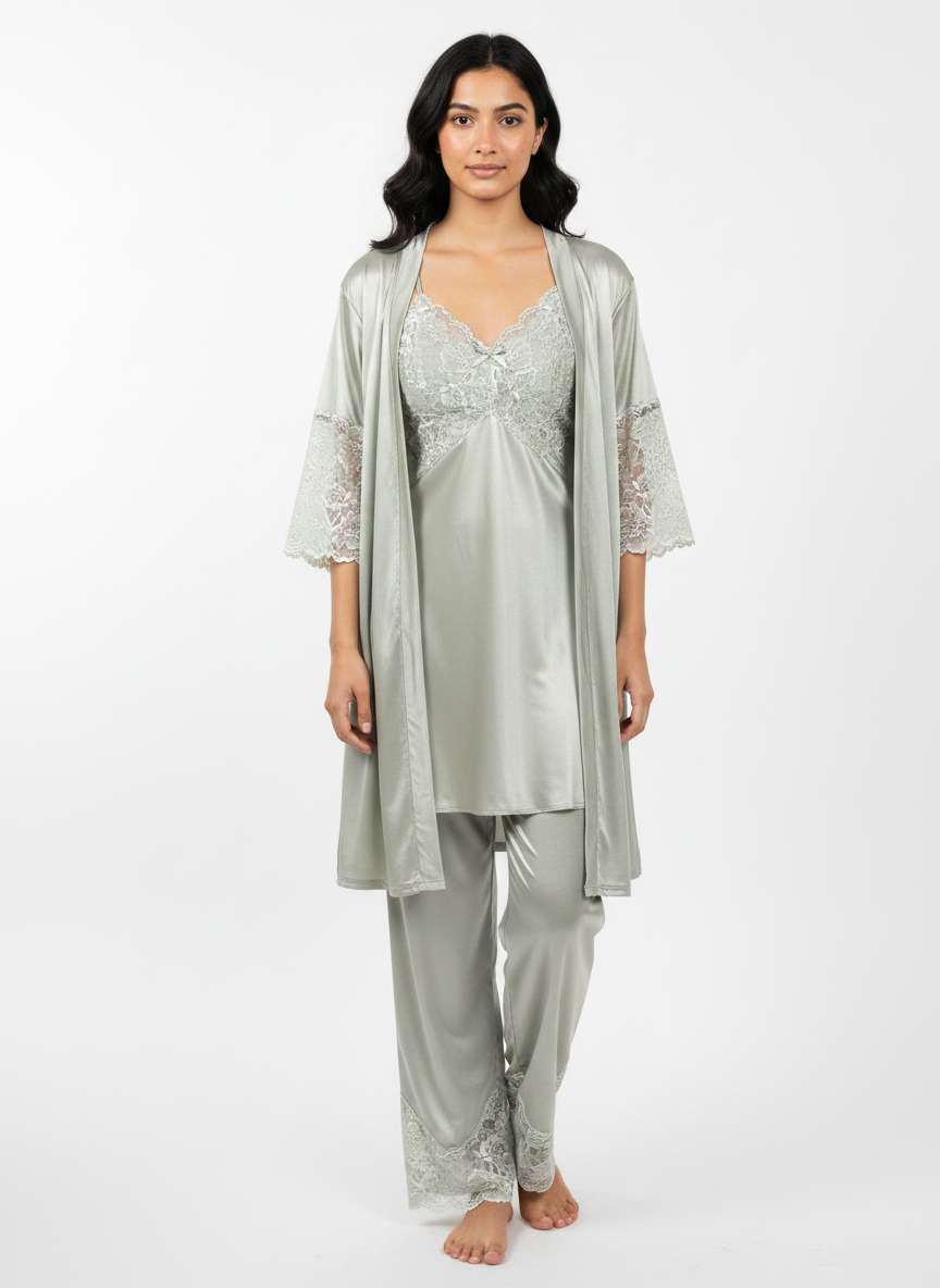 Satin 3-Piece Bridal Night Wear - Green - 1600G