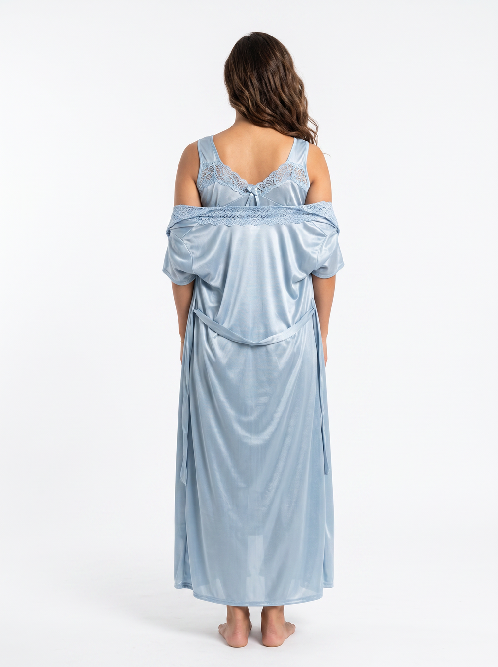 Satin Long Bridal Night Wear - Sky Blue - 1500B