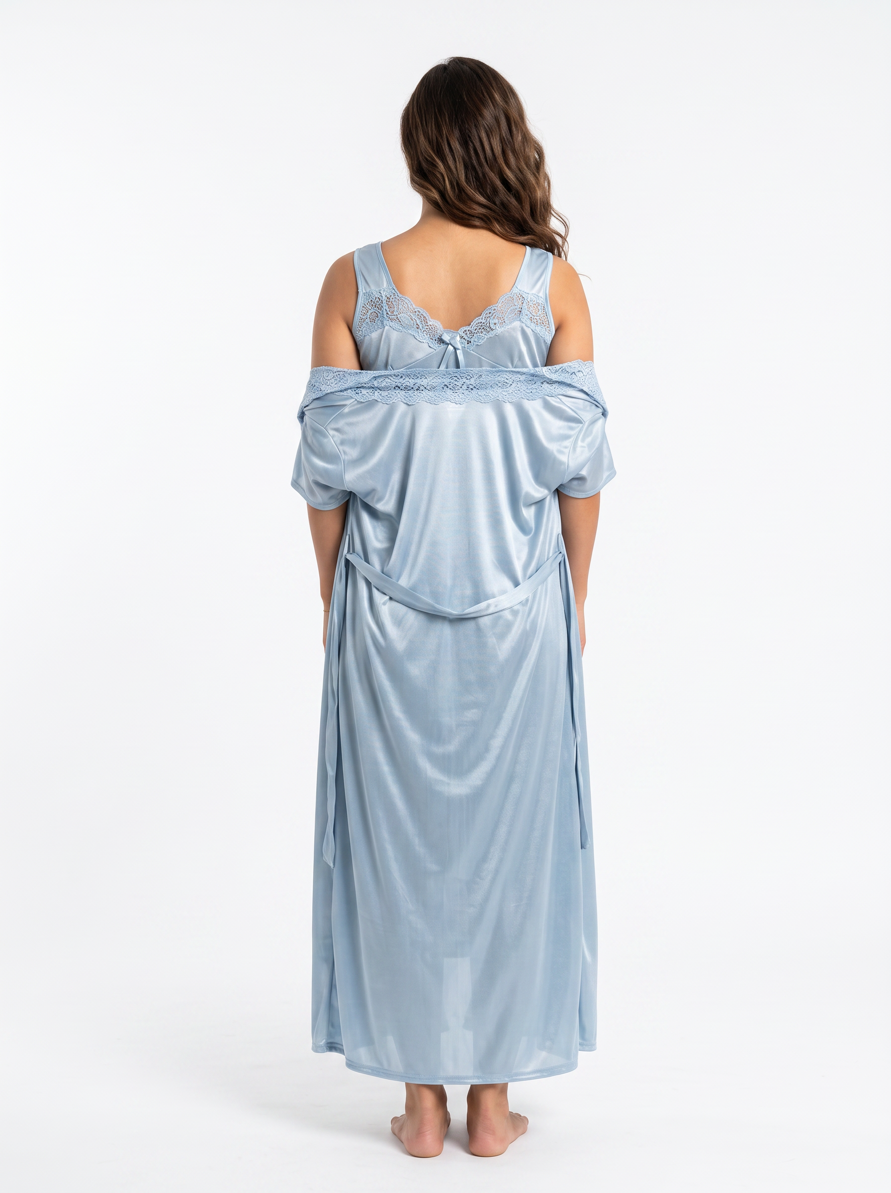 Satin Long Bridal Night Wear - Sky Blue - 1500B