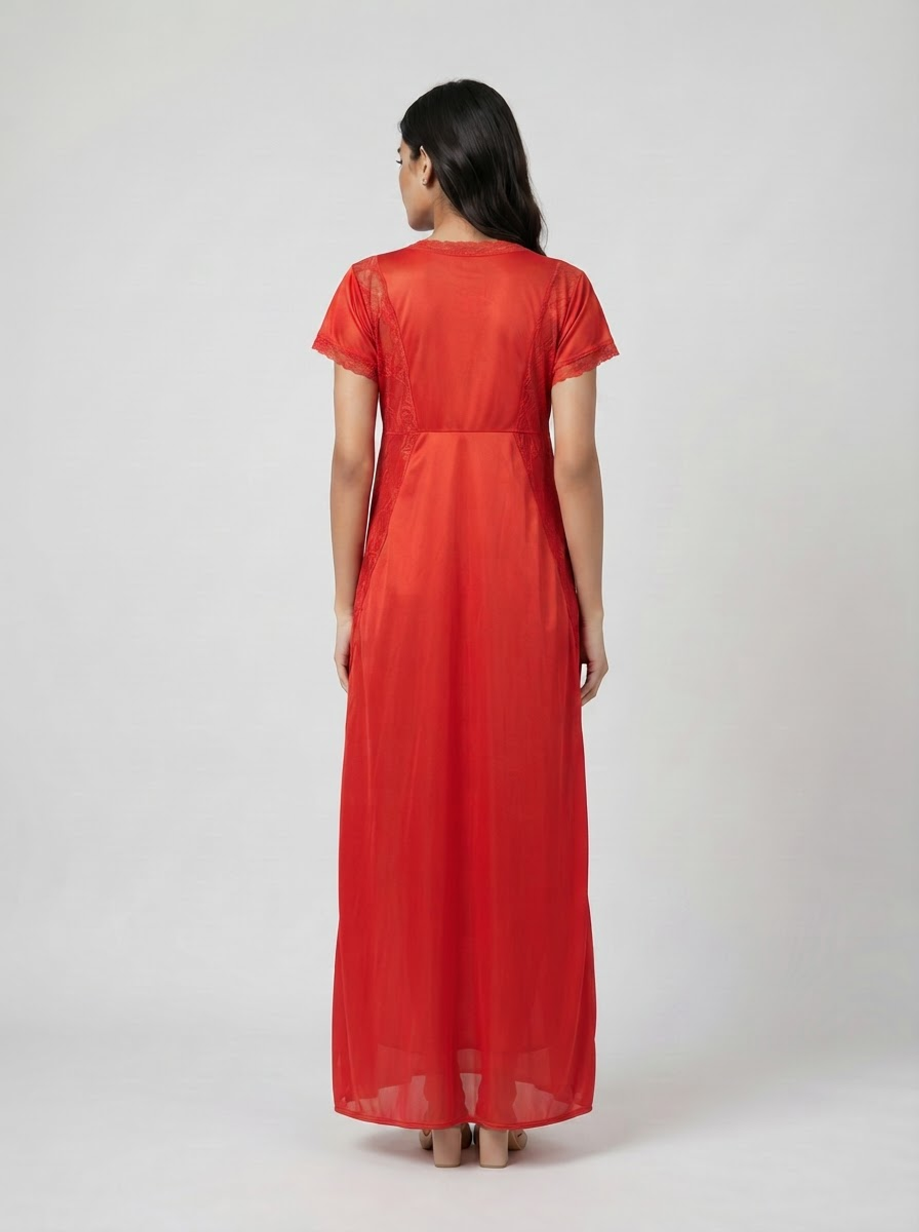 Satin Long Bridal Night Wear - Red - 1100H